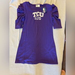 Purple TCU Dress with Ruffled Sleeves